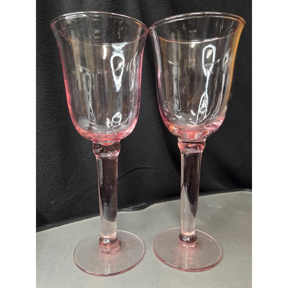 VTG Pink Wine Goblets Set 2 Blown Glass Tall Stemware 8.5" European Style